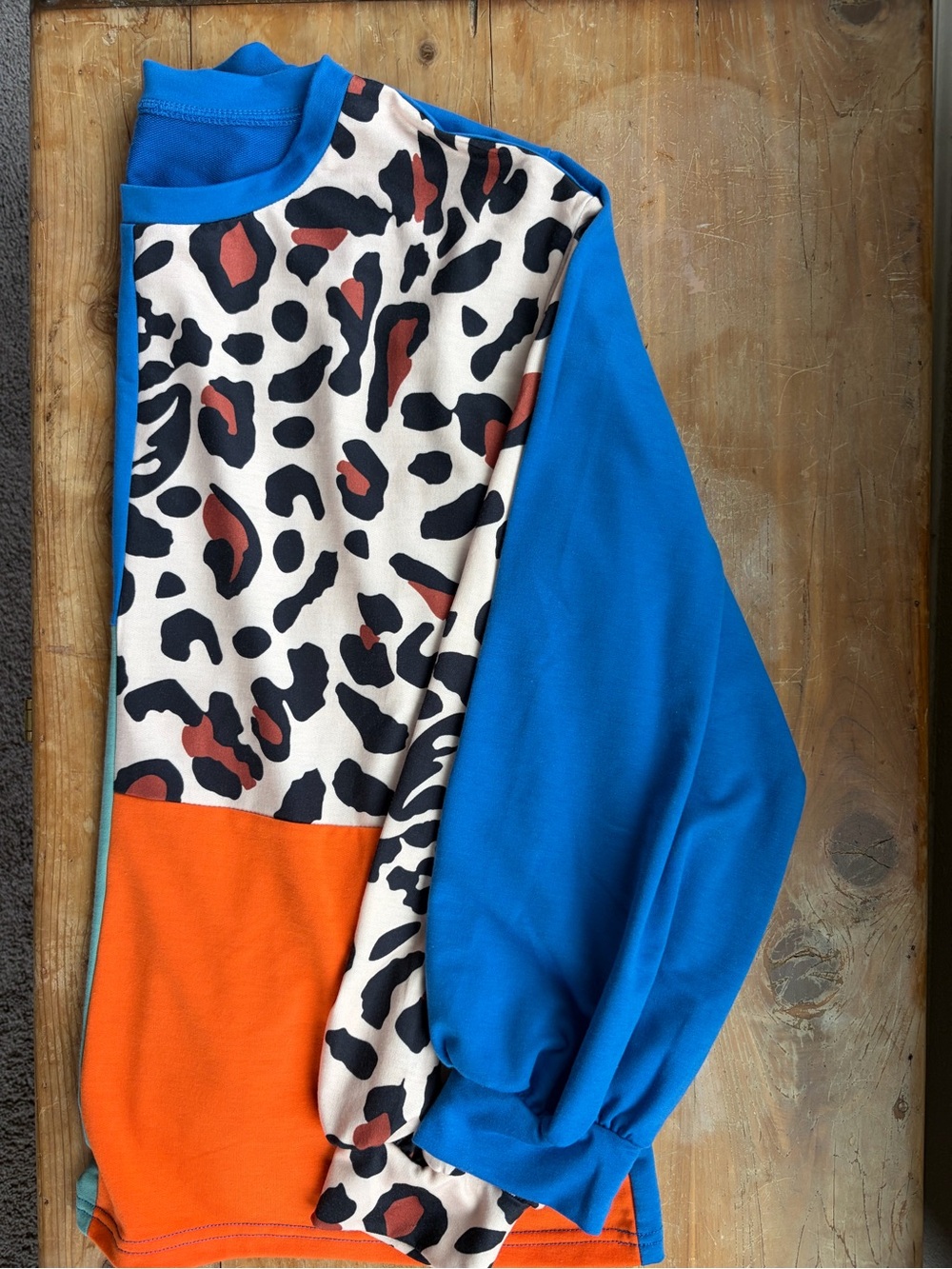 Colorblock Leopard Print Long Sleeve Blouse - Blue, Orange, Black